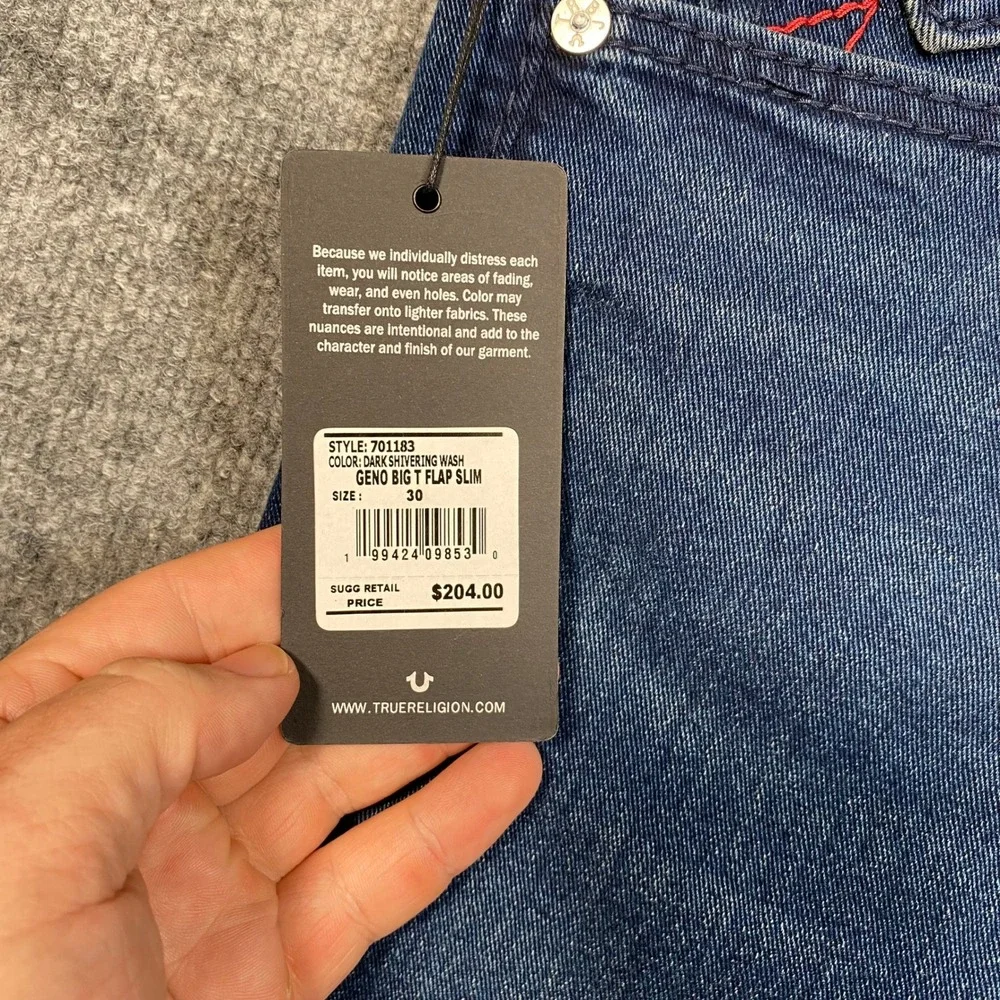 True Religion Mens Geno Relaxed Slim Jeans Dark Shivering Wash Blue 30 Big T